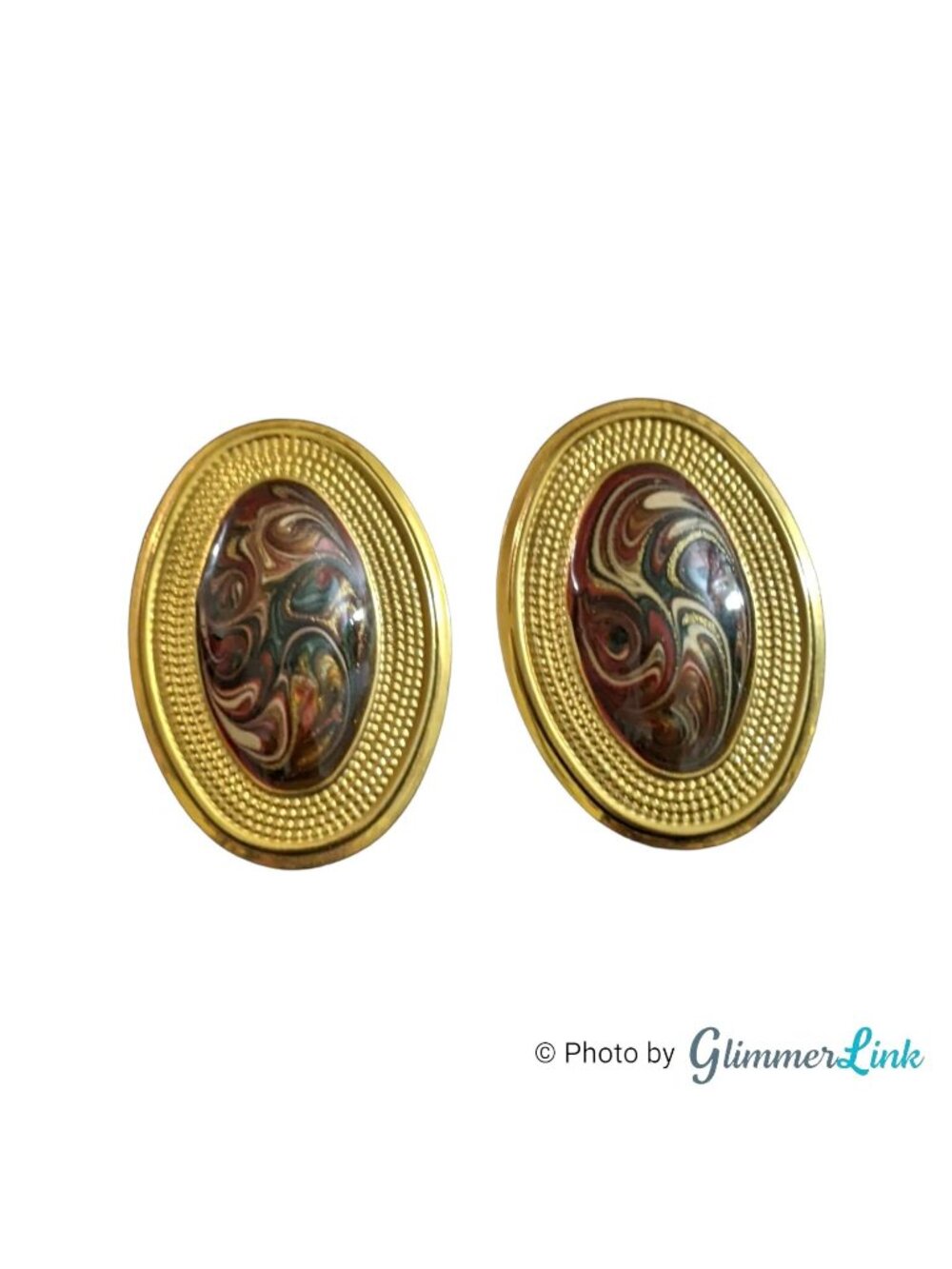 Vintage 1980s Marbled Enamel Oval Gold Tone Statement Earrings